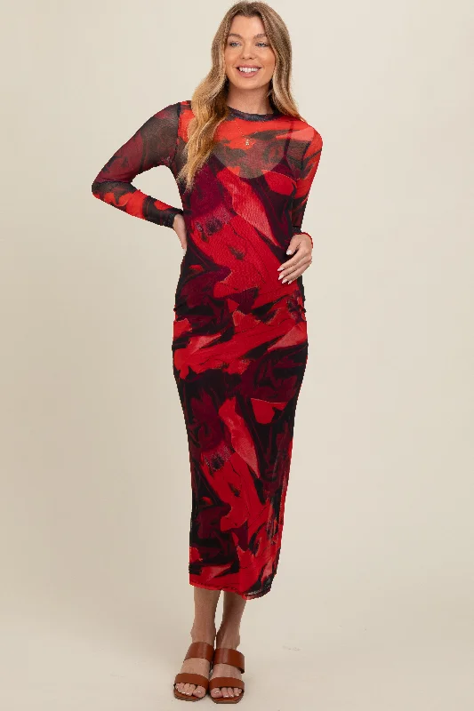 Burgundy Abstract Print Mesh Maternity Maxi Dress Chic Off-Shoulder Maxi Dress