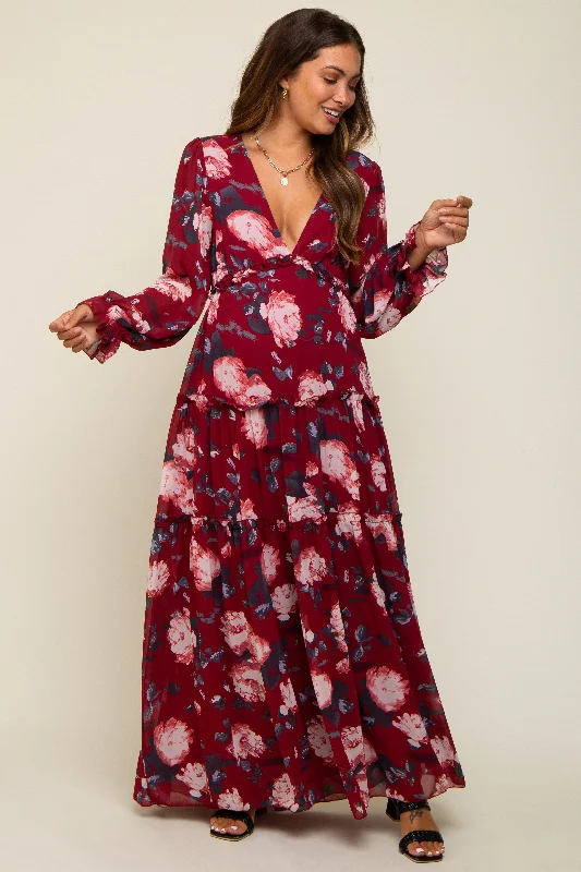 Burgundy Floral Chiffon V-Neck Lettuce Edge Tiered Maternity Maxi Dress Comfortable Maxi Dress with Belt Burgundy Floral Chiffon V-Neck Lettuce Edge Tiered Maternity Maxi Dress Comfortable Maxi Dress with Belt
