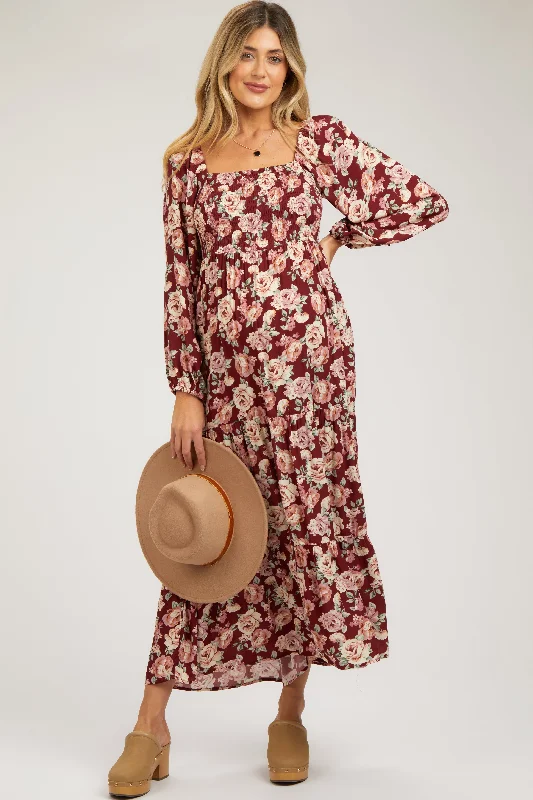 Burgundy Floral Long Sleeve Maternity Maxi Dress Fashionable Halter Neck Maxi Dress