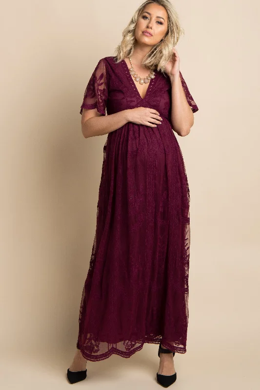 Burgundy Lace Mesh Overlay Maternity Maxi Dress Comfortable Cotton Maxi Dress