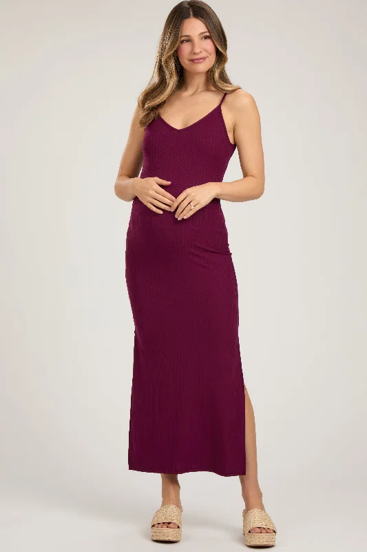 Burgundy Ribbed Side Slit Maternity Maxi Dress Trendy Button Front Maxi Dress