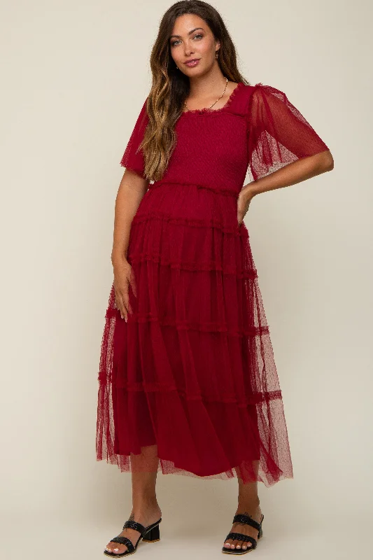 Burgundy Ruffled Mesh Maternity Maxi Dress Cozy Maxi Dress with Slit