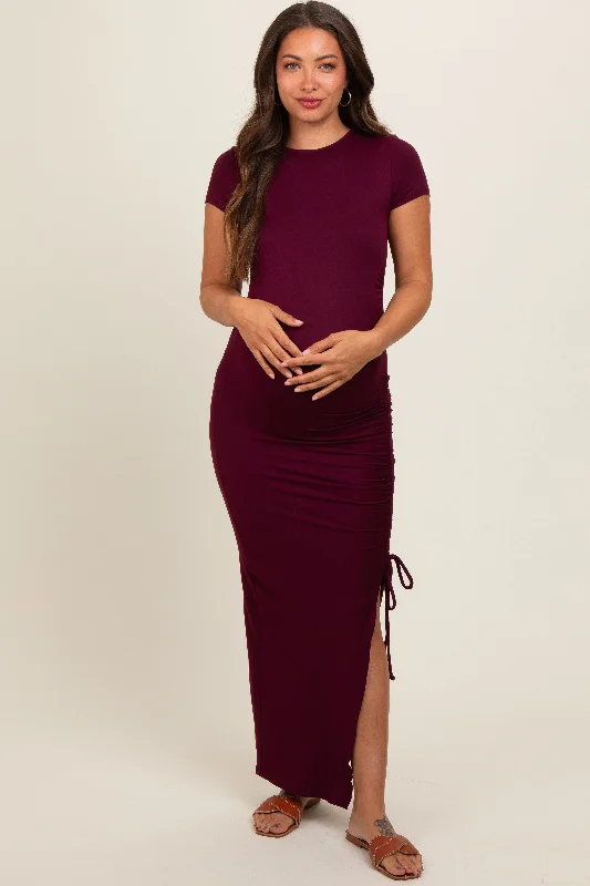 Burgundy Side Slit Maternity Maxi Dress Stylish Pleated A-Line Maxi Dress