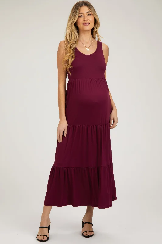 Burgundy Sleeveless Scoop Back Tiered Maternity Maxi Dress Fashionable Printed Maxi Dress Burgundy Sleeveless Scoop Back Tiered Maternity Maxi Dress Fashionable Printed Maxi Dress