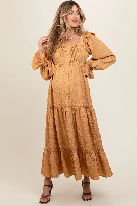 Camel Button Pleated Front Square Neck Ruffle Tiered Maternity Maxi Dress Chic Boho Print Maxi Dress Camel Button Pleated Front Square Neck Ruffle Tiered Maternity Maxi Dress Chic Boho Print Maxi Dress
