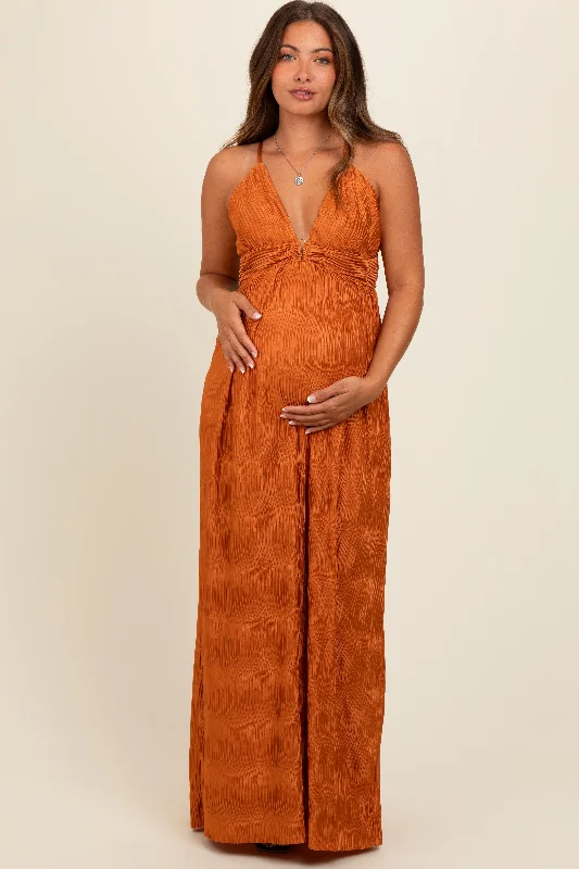 Camel Deep V-Neck Textured Satin Maternity Maxi Dress Trendy Maxi Dress with Straps