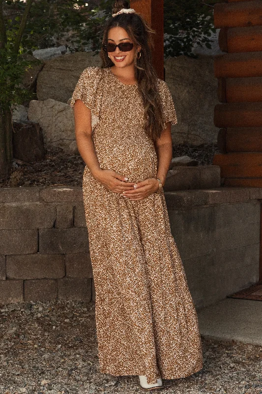 Camel Floral Smocked Flutter Sleeve Maternity Maxi Dress Fashionable Sheer Maxi Dress Camel Floral Smocked Flutter Sleeve Maternity Maxi Dress Fashionable Sheer Maxi Dress