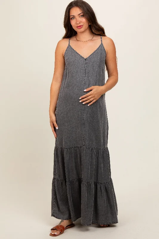 Charcoal Chambray Ruffle Hem Maternity Maxi Dress Trendy Maxi Dress with Straps