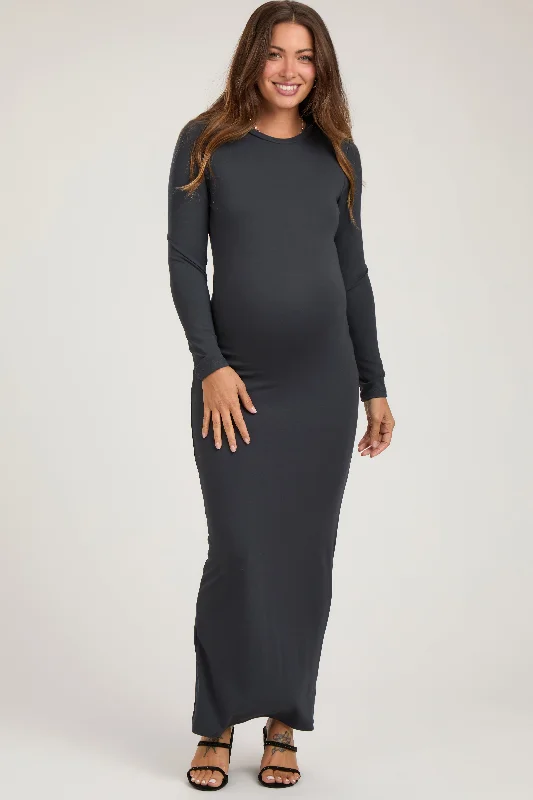 Charcoal Long Sleeve Fitted Maternity Maxi Dress Cozy Ruffle Sleeve Maxi Dress