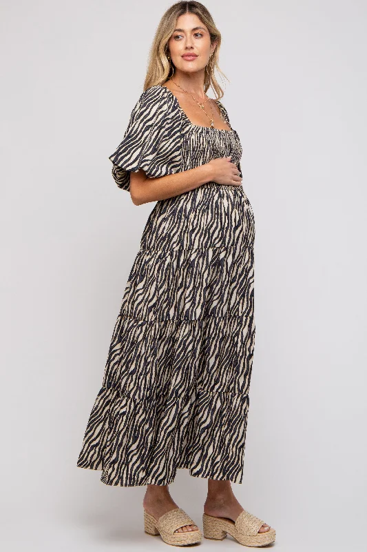 Charcoal Printed Smocked Maternity Maxi Dress Comfortable Casual Maxi Dress