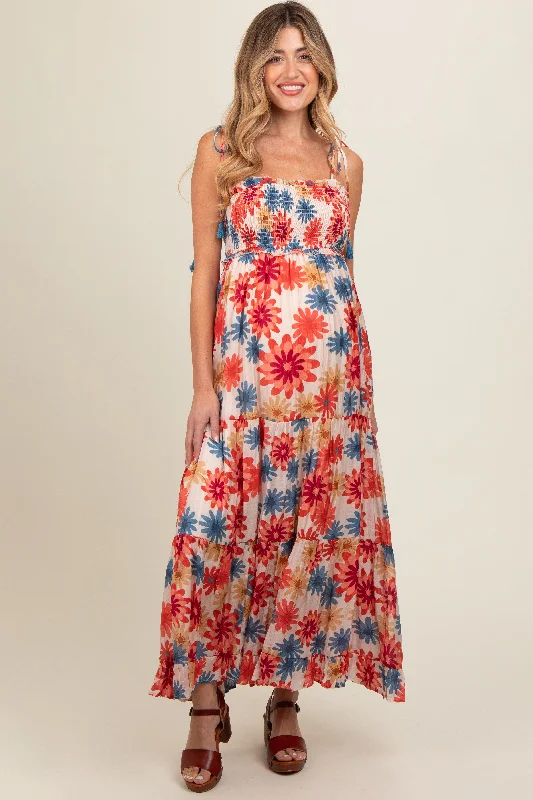 Coral Floral Smocked Shoulder Tie Maternity Maxi Dress Trendy Floral Print Maxi Dress Coral Floral Smocked Shoulder Tie Maternity Maxi Dress Trendy Floral Print Maxi Dress