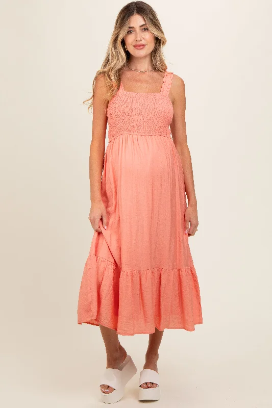 Coral Smocked Bodice Maternity Maxi Dress Chic Summer Floral Maxi Dress