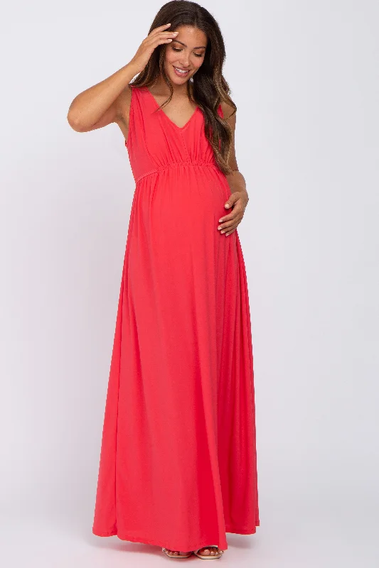 Coral V-Neck Sleeveless Maternity Maxi Dress Fashionable Halter Neck Maxi Dress