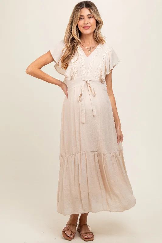 Cream Cuffed Sleeve Front Tie Maternity Maxi Dress Cozy Cold-Shoulder Maxi Dress