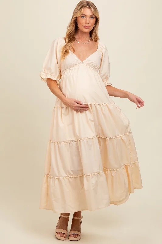 Cream Deep V-Neck Tiered Maternity Maxi Dress Comfortable Plunging Neckline Maxi Dress