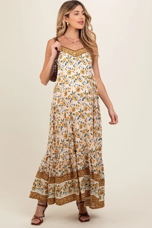 Cream Floral Border Print Lace Up Back Maternity Maxi Dress Fashionable Chiffon Tiered Maxi Dress