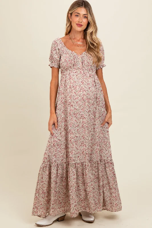 Cream Floral Button Accent Maternity Maxi Dress Trendy A-Line Maxi Dress