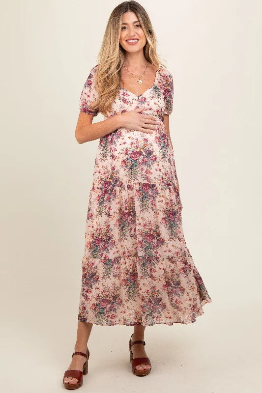 Cream Floral Chiffon Maternity Maxi Dress Elegant Silk Maxi Dress