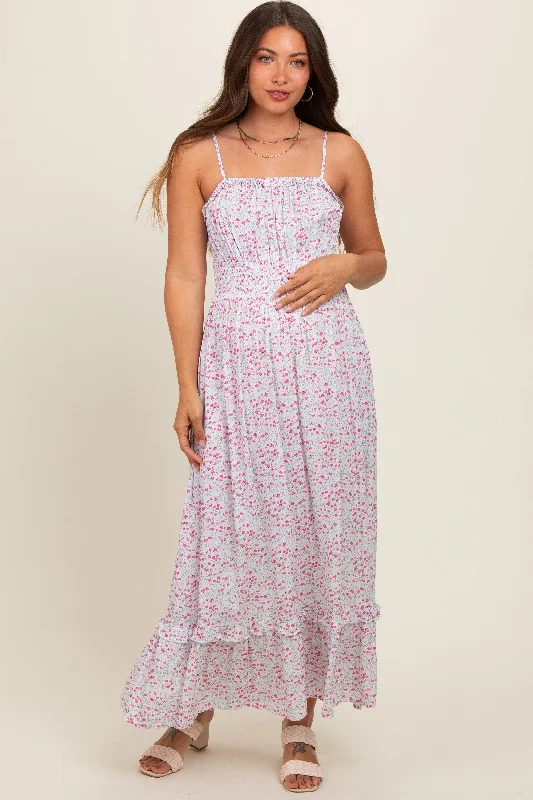 Cream Floral Ruffle Square Neck Smocked Waist Maternity Maxi Dress Trendy Printed Maxi Dress Cream Floral Ruffle Square Neck Smocked Waist Maternity Maxi Dress Trendy Printed Maxi Dress
