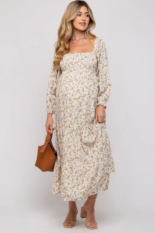Cream Floral Smocked Long Sleeve Maternity Maxi Dress Fashionable Faux Wrap Maxi Dress Cream Floral Smocked Long Sleeve Maternity Maxi Dress Fashionable Faux Wrap Maxi Dress
