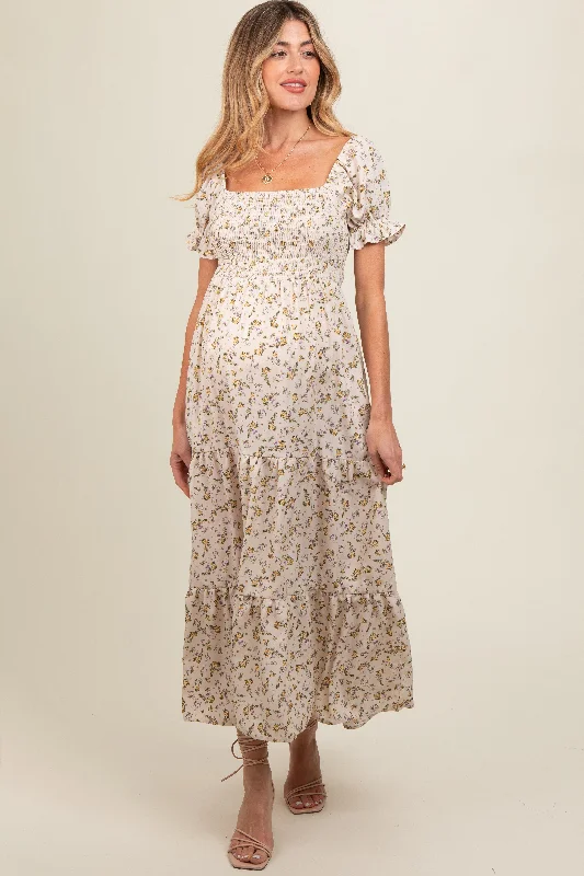 Cream Floral Smocked Square Neck Tiered Puff Short Sleeve Maternity Maxi Dress Comfortable Plunging Neckline Maxi Dress Cream Floral Smocked Square Neck Tiered Puff Short Sleeve Maternity Maxi Dress Comfortable Plunging Neckline Maxi Dress
