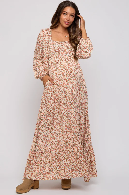 Cream Floral Square Neck Ruffle Maternity Maxi Dress Comfortable T-Shirt Maxi Dress