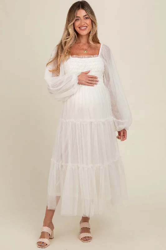 Cream Mesh Tiered Long Sleeve Maternity Maxi Dress Stylish Button-Up Maxi Dress