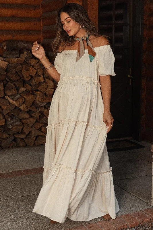 Cream Off Shoulder Ruffle Tiered Maternity Maxi Dress Stylish A-Line Maxi Dress