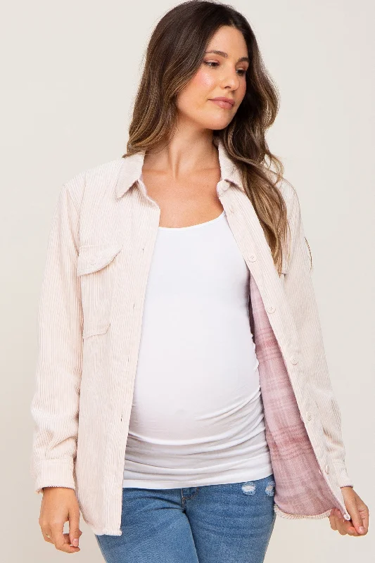 Cream Reversible Maternity Shirt Jacket Hoodie Zip-Up Jacket Button-Up Jacket