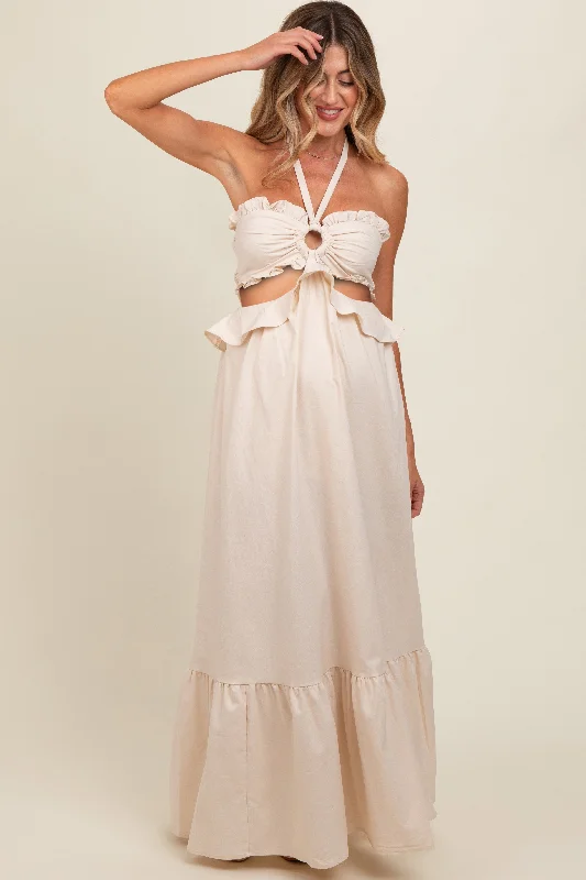 Cream Ruffle Top Cutout Linen Halter Maternity Maxi Dress Comfortable Cotton Maxi Dress Cream Ruffle Top Cutout Linen Halter Maternity Maxi Dress Comfortable Cotton Maxi Dress