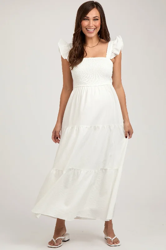 Cream Sleeveless Smocked Tiered Maternity Maxi Dress Chic Button-Up Maxi Dress