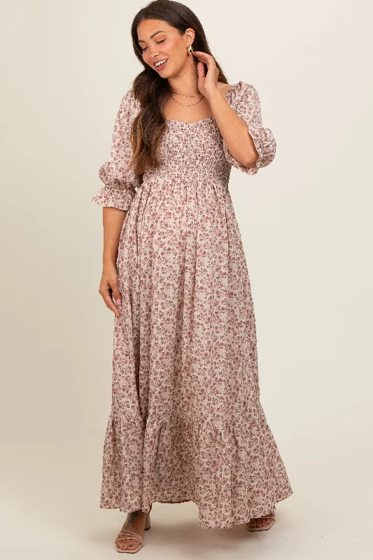 Cream Sweetheart Neck Smocked Ruffle Hem Maternity Maxi Dress Trendy Maxi Dress with Lace Cream Sweetheart Neck Smocked Ruffle Hem Maternity Maxi Dress Trendy Maxi Dress with Lace