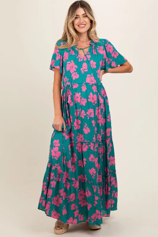 Dark Teal Floral Ruffle Neck Tiered Maternity Maxi Dress Comfortable Flowy Maxi Dress