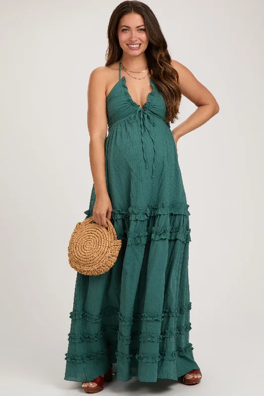 Dark Teal Ruffle Ruched Deep V-Neck Maternity Maxi Dress Cozy Spaghetti Strap Maxi Dress Dark Teal Ruffle Ruched Deep V-Neck Maternity Maxi Dress Cozy Spaghetti Strap Maxi Dress