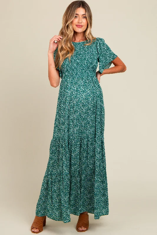 Deep Teal Floral Smocked Flutter Sleeve Maternity Maxi Dress Trendy Maxi Dress with Lace Deep Teal Floral Smocked Flutter Sleeve Maternity Maxi Dress Trendy Maxi Dress with Lace