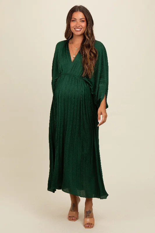 Forest Green Satin Pleated V-Neck Maternity Maxi Dress Elegant Wraparound Maxi Dress Forest Green Satin Pleated V-Neck Maternity Maxi Dress Elegant Wraparound Maxi Dress