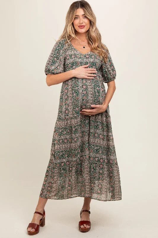Forest Green V-Neck 3/4 Sleeve Maternity Maxi Dress Comfortable Bohemian Maxi Dress