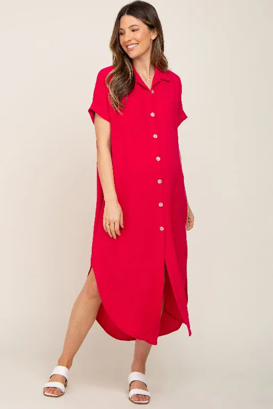 Fuchsia Button Down Hi Low Maternity Maxi Dress Cozy Spaghetti Strap Maxi Dress