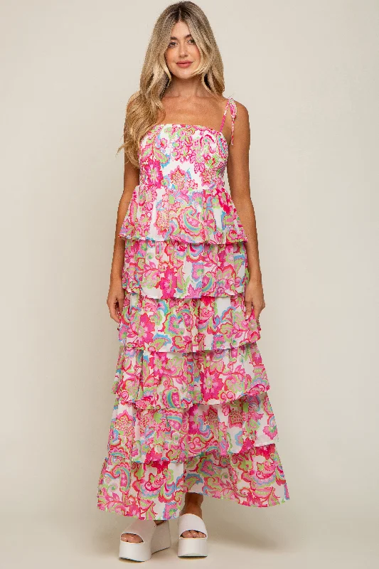 Fuchsia Floral Chiffon Smocked Shoulder Tie Ruffle Tiered Maternity Maxi Dress Fashionable Open-Back Maxi Dress Fuchsia Floral Chiffon Smocked Shoulder Tie Ruffle Tiered Maternity Maxi Dress Fashionable Open-Back Maxi Dress