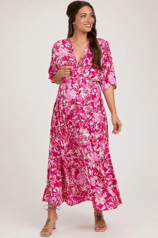 Fuchsia Floral Dolman Sleeve Tiered Maternity Maxi Dress Trendy Maxi Dress with Lace Fuchsia Floral Dolman Sleeve Tiered Maternity Maxi Dress Trendy Maxi Dress with Lace