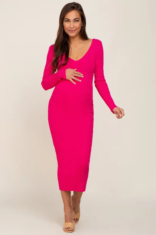 Fuchsia V-Neck Long Sleeve Fitted Maternity Maxi Dress Trendy Satin Maxi Dress