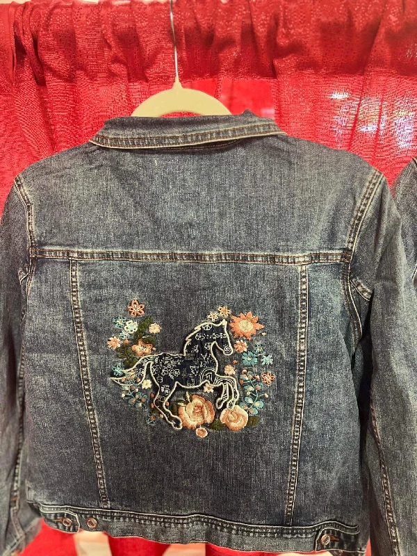 Grace in LA Women’s Embroidered Jean Jacket Nylon Fabric Polyester Fabric Spandex Fabric