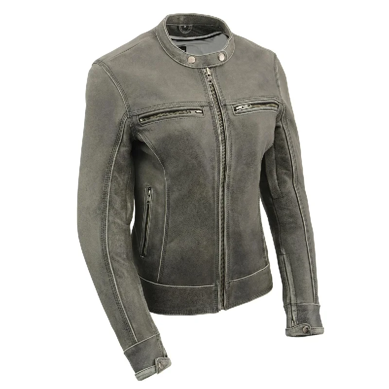 GRAY Leather MLL2550 Women's ‘Scooter ‘Distressed Grey Leather Motorcycle Riding Vented Jacket One-Shoulder Jacket Off-the-Shoulder Jacket Asymmetrical Jacket