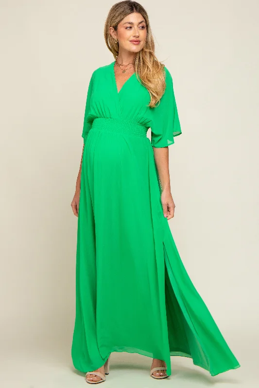 Green Chiffon V-Neck Smocked Waist Maternity Maxi Dress Fashionable High-Waist Maxi Dress Green Chiffon V-Neck Smocked Waist Maternity Maxi Dress Fashionable High-Waist Maxi Dress