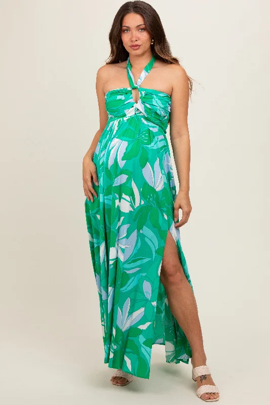 Green Floral Halter Maternity Maxi Dress Elegant Lace-Up Maxi Dress