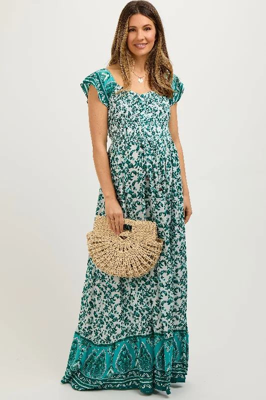 Green Floral Off Shoulder Smocked Maternity Maxi Dress Classic A-Line Maxi Dress