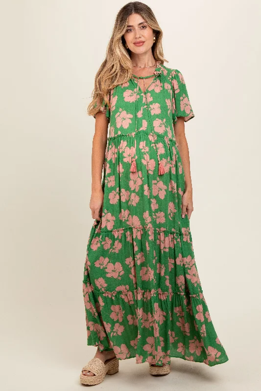 Green Floral Ruffle Neck Tiered Maternity Maxi Dress Cozy Ruffle Sleeve Maxi Dress