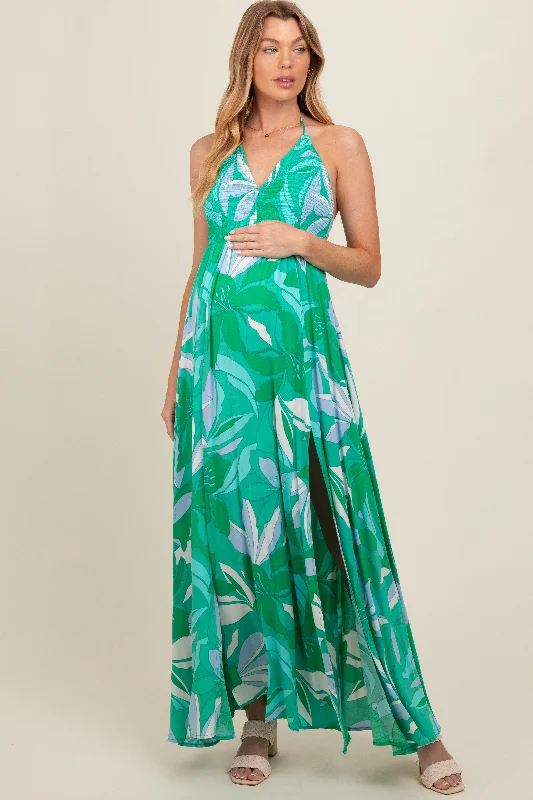 Green Floral Smocked Halter Open Back Maternity Maxi Dress Fashionable Faux Wrap Maxi Dress Green Floral Smocked Halter Open Back Maternity Maxi Dress Fashionable Faux Wrap Maxi Dress