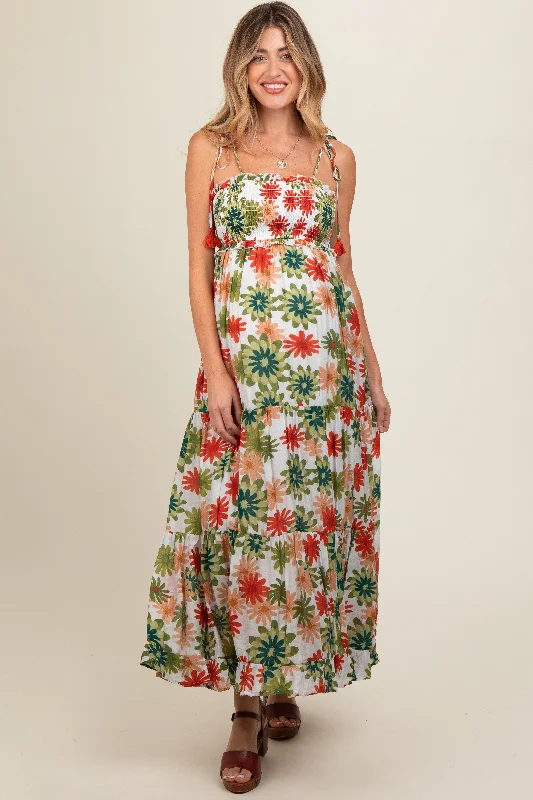 Green Floral Smocked Shoulder Tie Maternity Maxi Dress Elegant Maxi Dress with Ruffles Green Floral Smocked Shoulder Tie Maternity Maxi Dress Elegant Maxi Dress with Ruffles