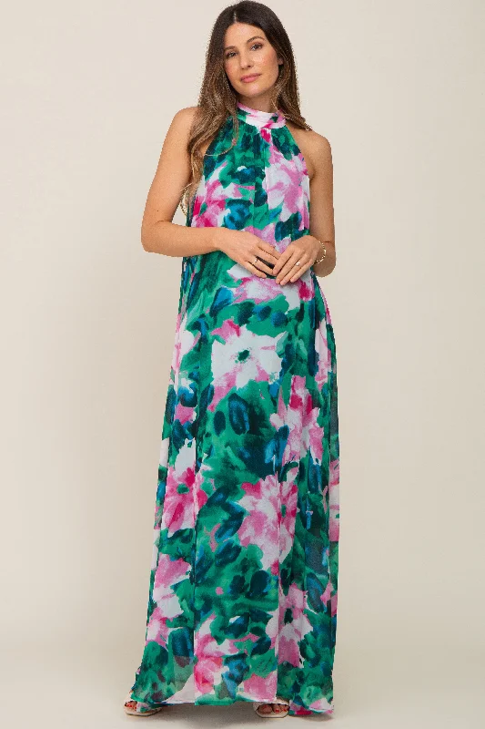 Green Multi-Color Halter Maternity Maxi Dress Stylish Button-Up Maxi Dress